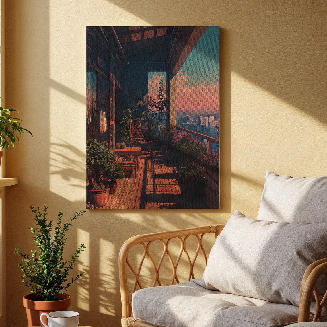 Cozy Balcony Garden Sunset City View Plants Urban Relax Wall Art