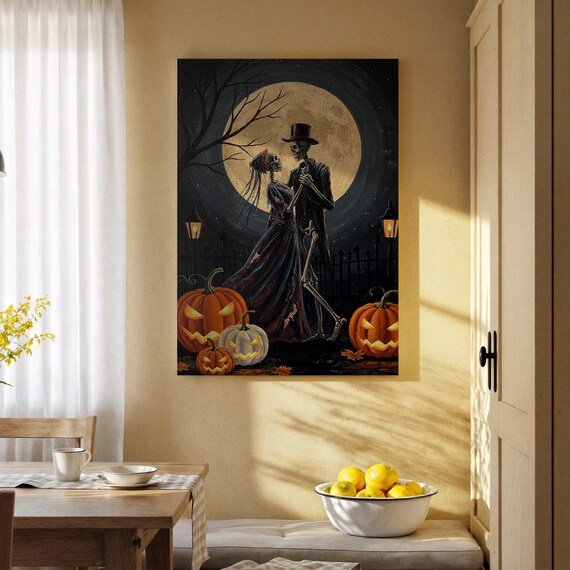 Skeleton Couple Dancing Canvas Art Gothic Halloween Wall Print Romantic Moonlight Pumpkin Decor For Living Room Bedroom Or Entryway