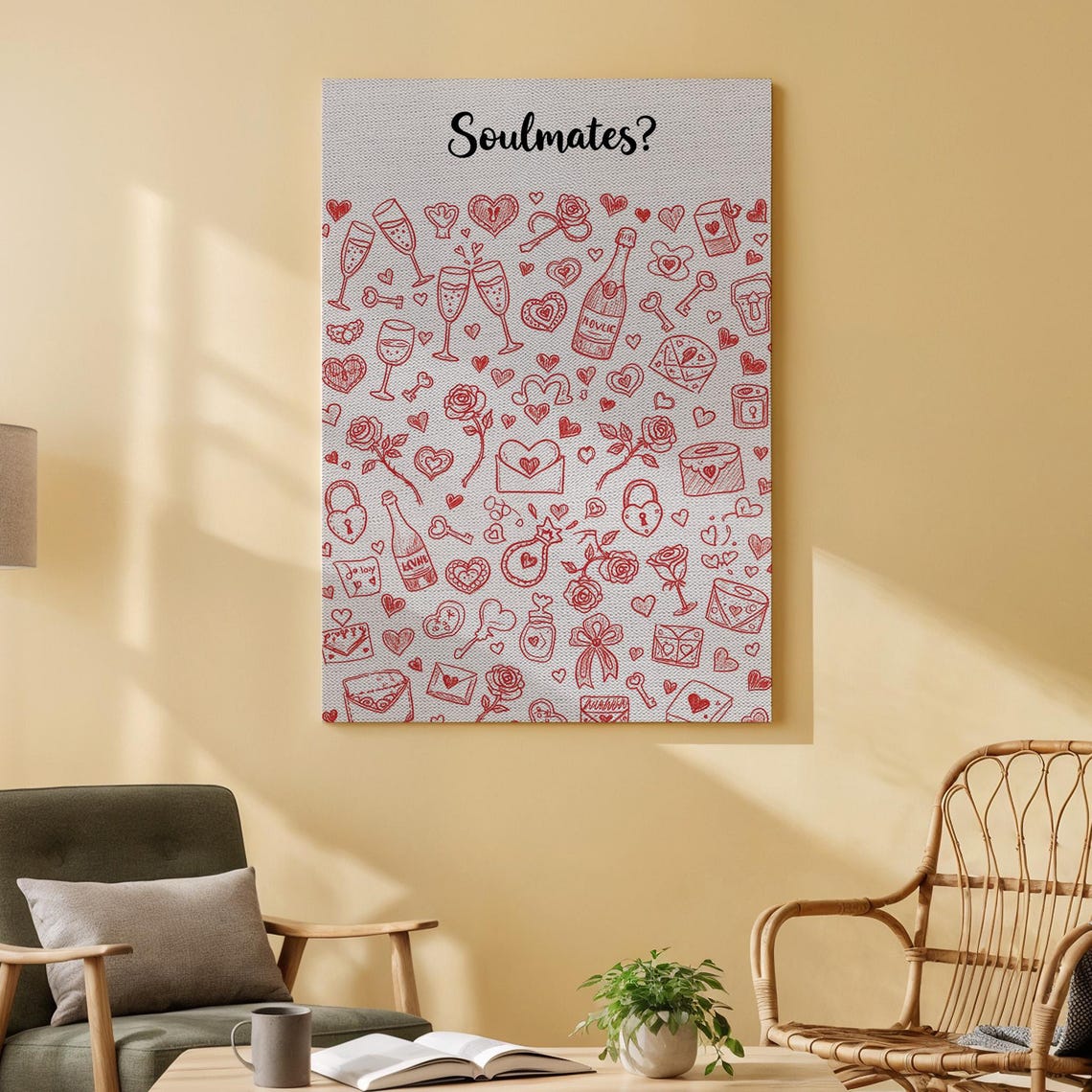Soulmates Red Heart Doodle Pattern Valentine Love Canvas Poster