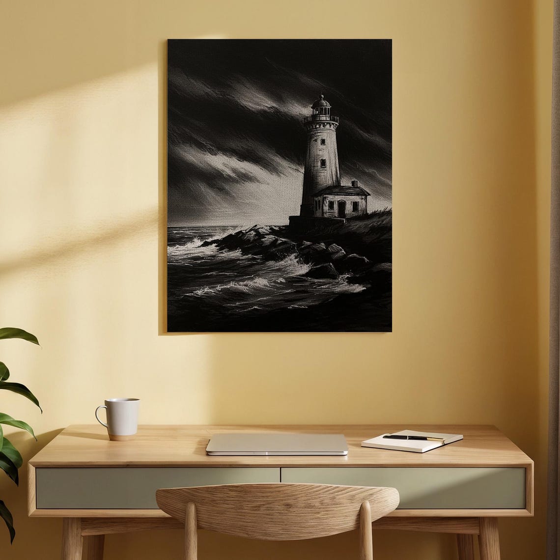 Stormy Lighthouse Black and White Dramatic Nautical Scene Poster