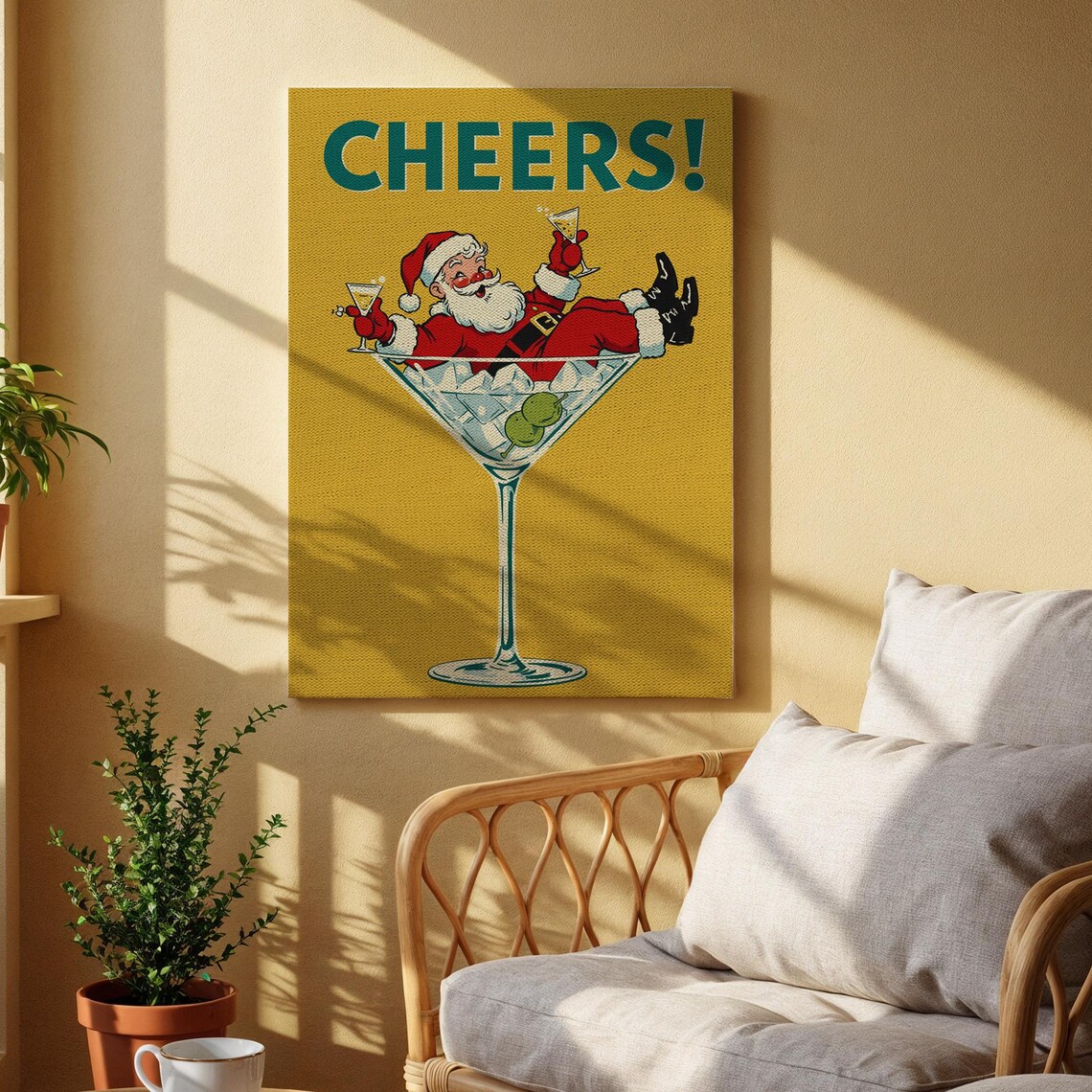 Cheers Santa Martini Glass Retro Funny Christmas Holiday Poster