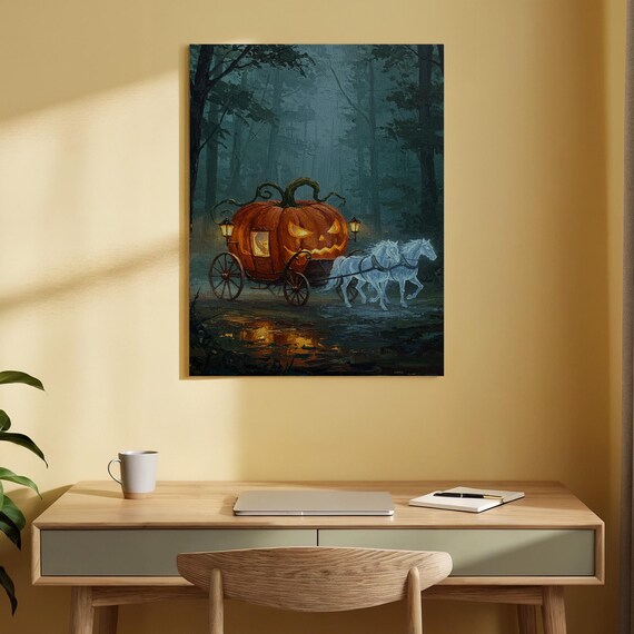 Pumpkin Carriage Canvas Art Spooky Halloween Wall Print Haunted Forest Decor For Living Room Bedroom Or Seasonal Spaces
