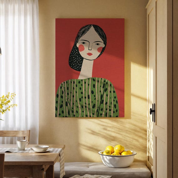Modern Portrait Canvas Art Minimalist Woman Illustration With Red Background Contemporary Figurative Wall Decor For Home Or Office