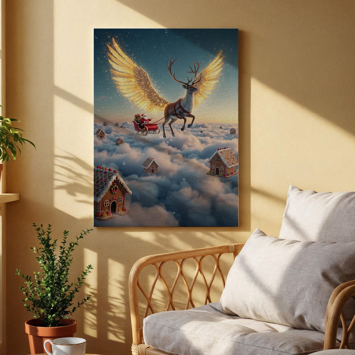 Winged Reindeer Santa Sleigh Clouds Dreamy Christmas Art Poster
