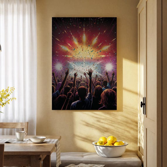 Concert Crowd Canvas Art Colorful Music Festival Print Neon Lights Celebration Artwork For Living Room Bedroom Or Lovers Studio