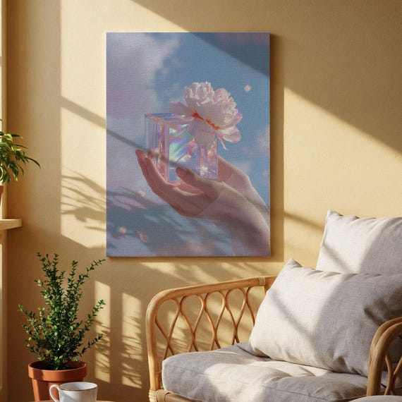 Iridescent Cube And Flower Canvas Wall Art Dreamy Sky Illustration Print Surreal Modern Artwork For Bedroom Studio Or Gallery