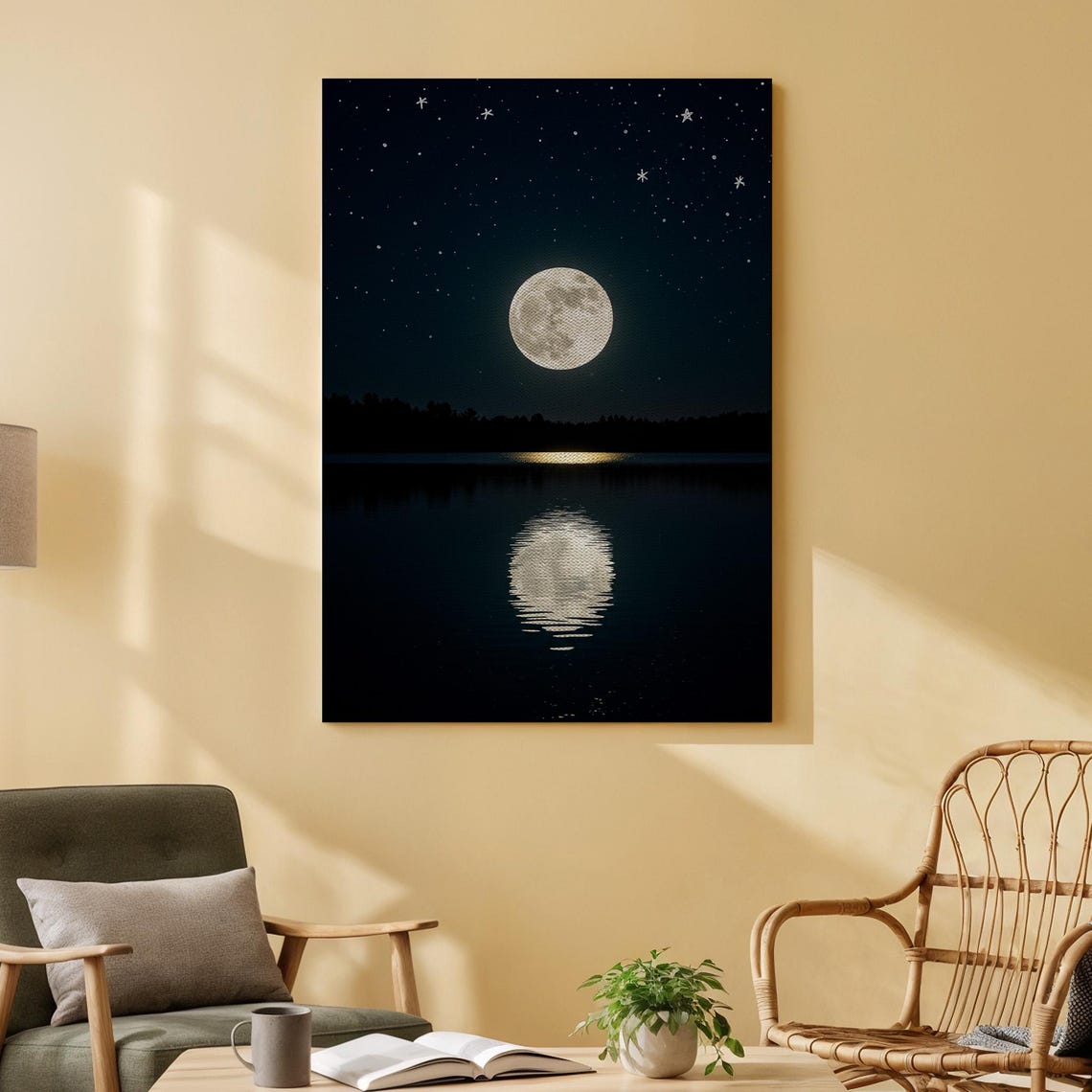 Full Moon Over Calm Lake Starry Night Celestial Reflection Poster