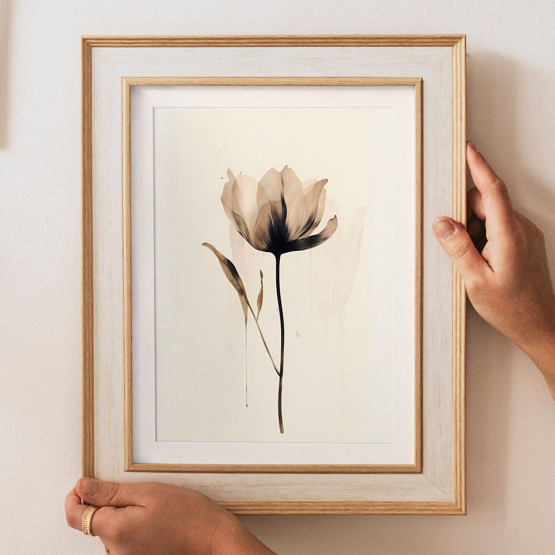 Single Beige Tulip Black Watercolor Minimalist Flower Poster - Image 2