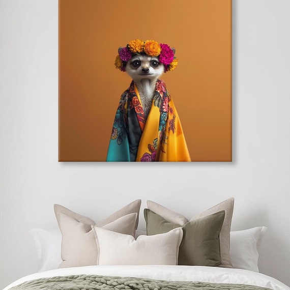 Maximalist Eclectic Fashionista Meerkat Print Bold Altered Animal Portrait Fantasy Fun Colorful Flowery Rustic Vintage Floral Art