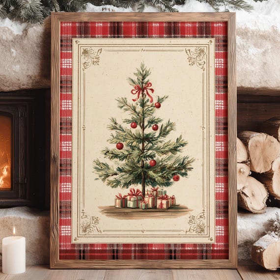 Vintage Christmas Tree Wall Art Print Red Plaid Holiday Decor Rustic Illustration With Gifts Retro Poster