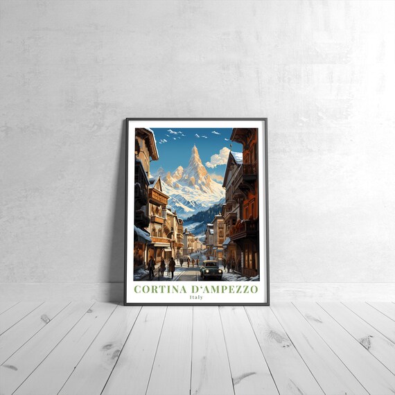 Cortina Dampezzo Italy Snowy Old Town Dolomites Vintage Travel Poster