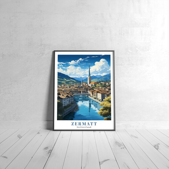 Zermatt Switzerland Old Town River Church Vintage Travel Poster