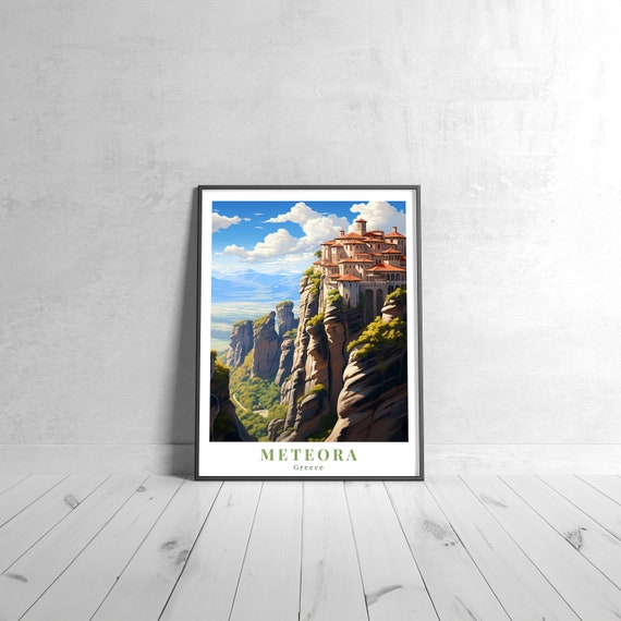 Meteora Vintage Travel Poster Retro Greece Art Print Colorful Home Decor Wall Unique Gift