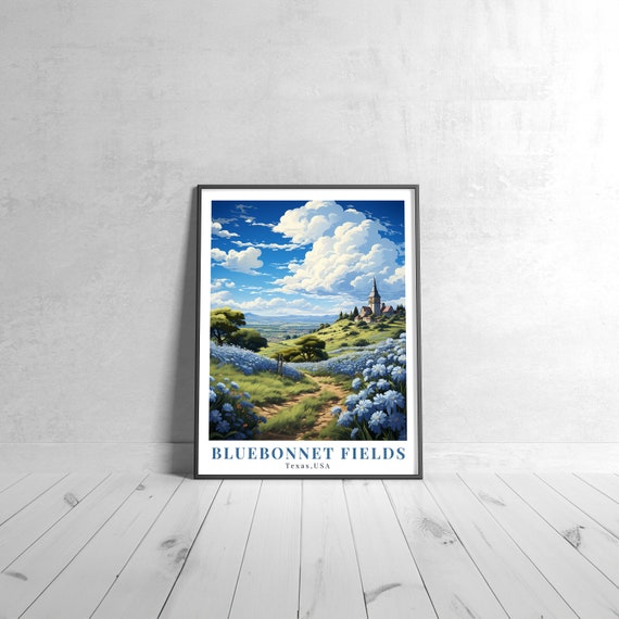 Bluebonnet Fields Vintage Travel Poster Retro Texas Usa Art Print Colorful Home Decor Wall Unique Gift