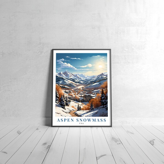 Aspen Snowmass USA Vintage Travel Poster Ski Valley Snowy Peaks Scene