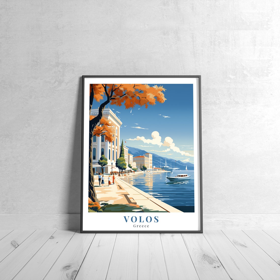 Volos Greece Waterfront Promenade Seaside Vintage Travel Poster