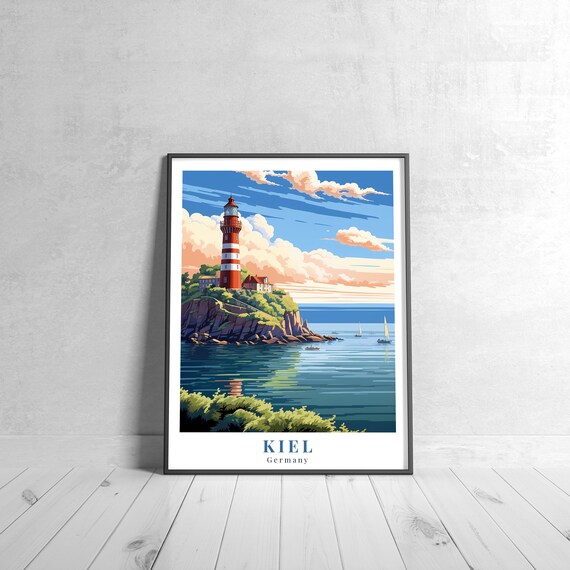 Kiel Germany Vintage Retro Travel Lighthouse Rocky Coast Sailboats Poster
