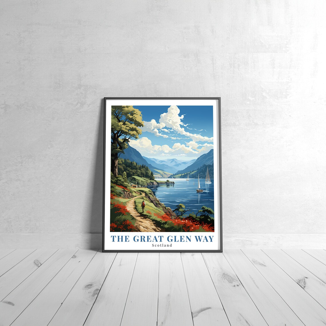 The Great Glen Way Scotland Travel Poster Loch Sailboat Mountain Trail Art