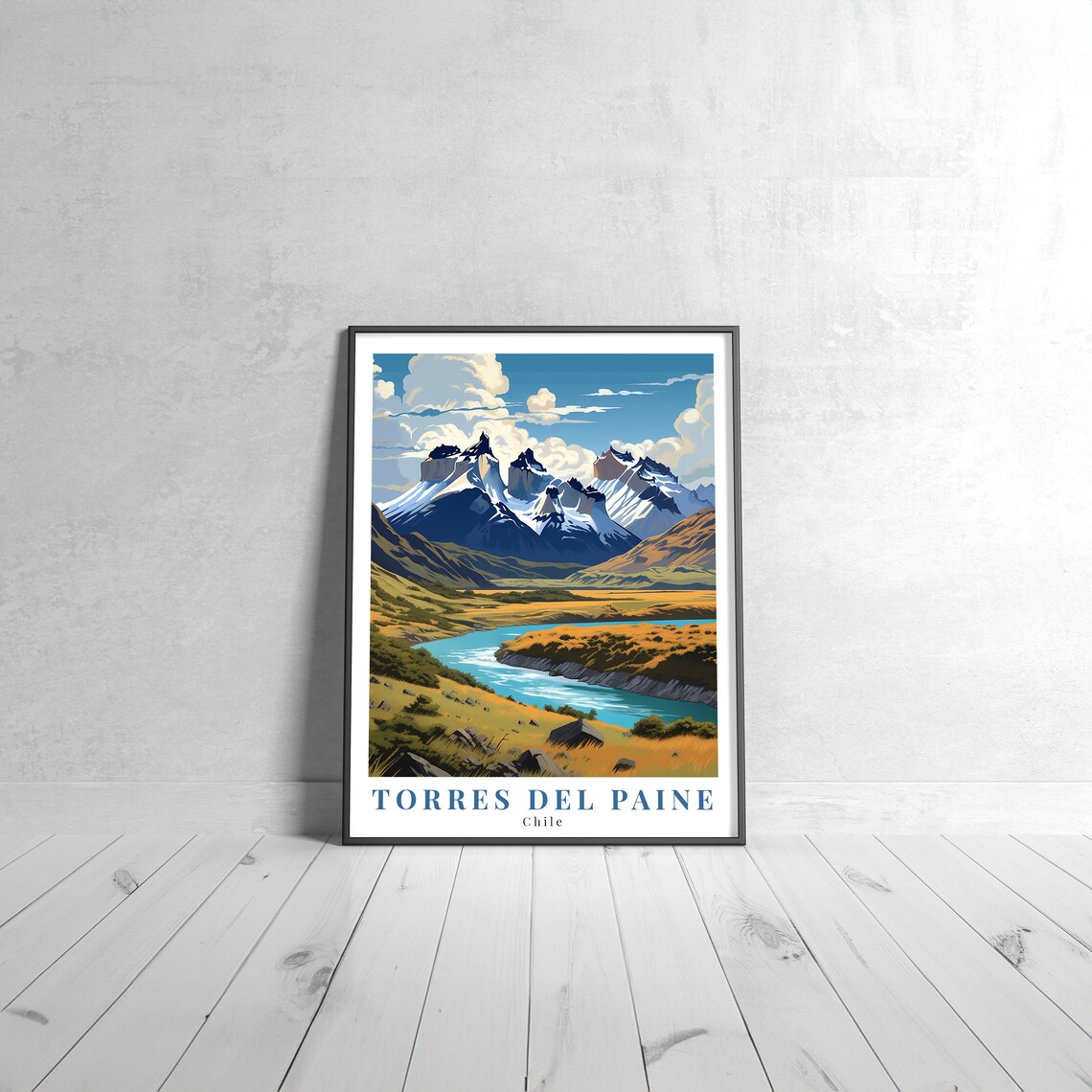 Torres del Paine Chile Vintage Travel Poster with Granite Mountain Peaks