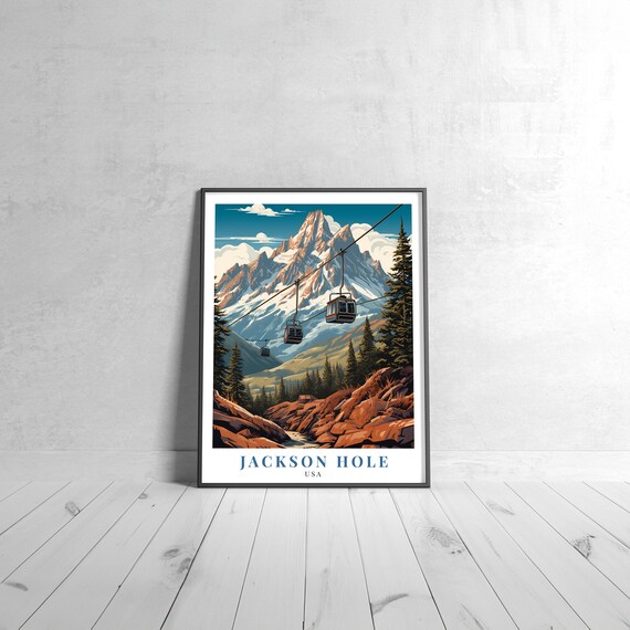 Jackson Hole Gondola Snowy Mountain Peak Vintage Travel Poster