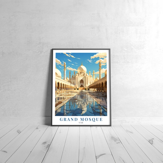 Grand Mosque Vintage Travel Poster Retro Uae Art Print Colorful Home Decor Wall Unique Gift