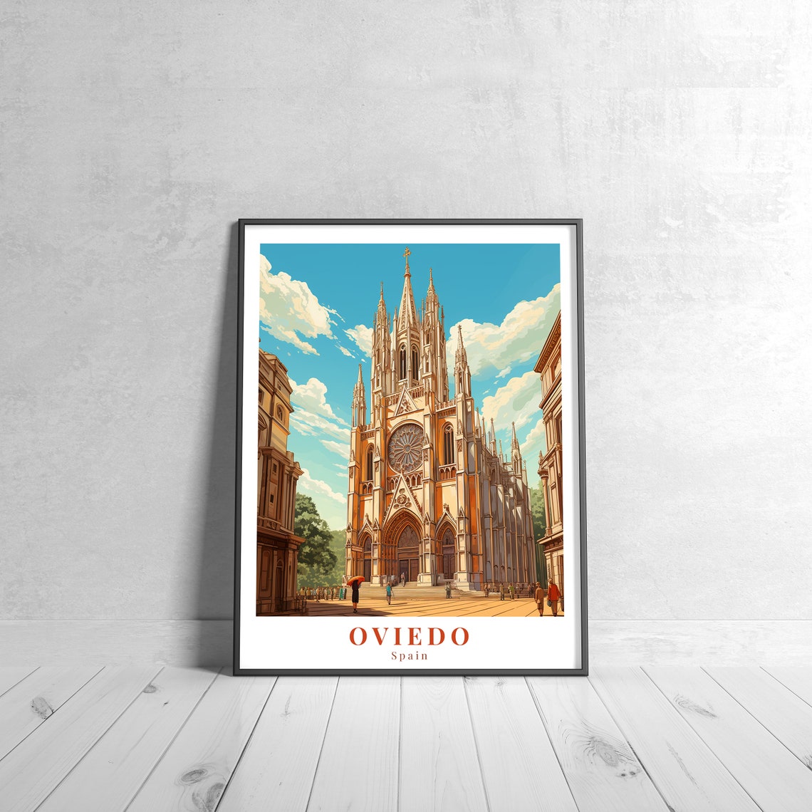 Vintage Oviedo Spain Gothic Cathedral Sunny Square Travel Poster