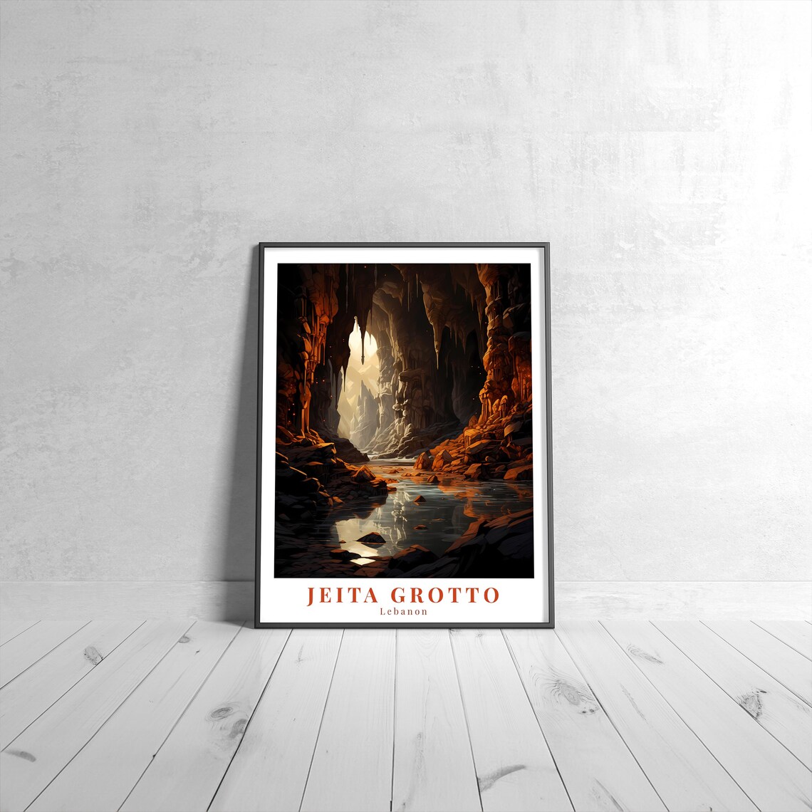 Jeita Grotto Lebanon Cave Stalactites River Vintage Travel Poster