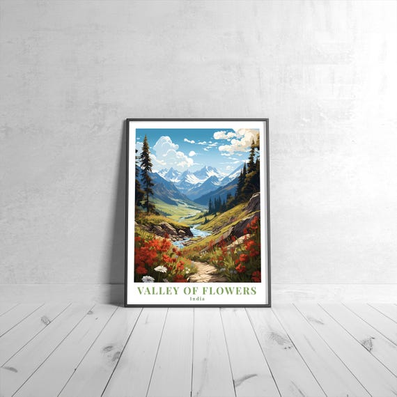 Valley Of Flowers Vintage Travel Poster Retro India Art Print Colorful Home Decor Wall Unique Gift
