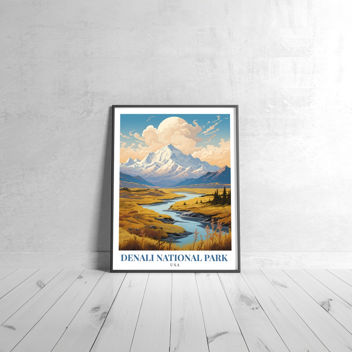 Denali National Park USA Snow Peak River Valley Travel Poster