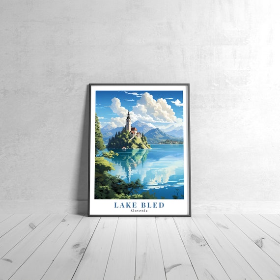Lake Bled Vintage Travel Poster Retro Slovenia Art Print Colorful Home Decor Wall Unique Gift