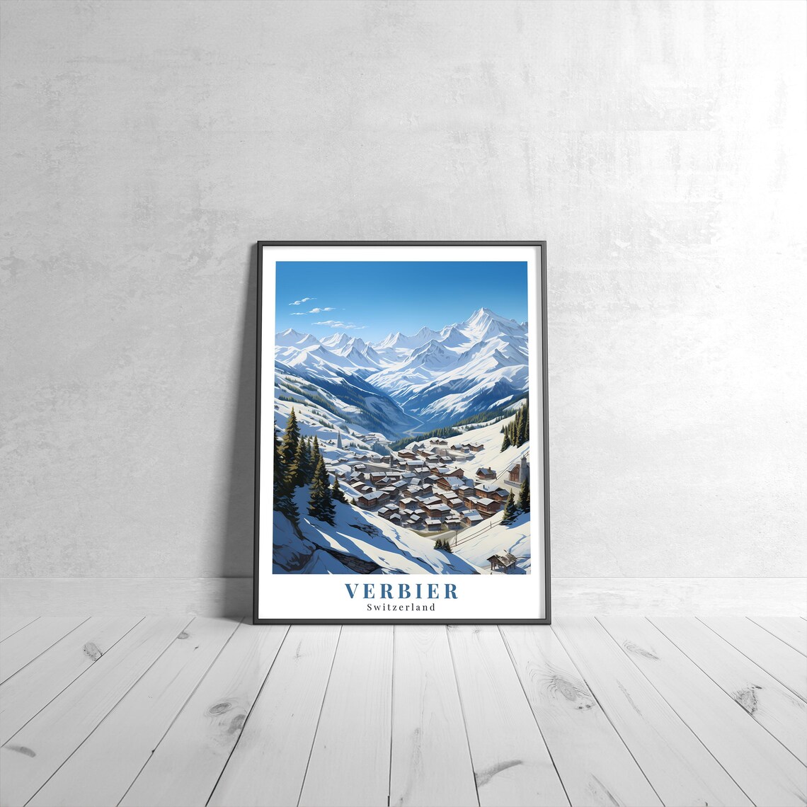Verbier Switzerland Snowy Alpine Ski Village Vintage Travel Poster Art