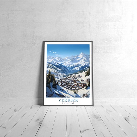 Verbier Switzerland Snowy Alpine Ski Village Vintage Travel Poster Art