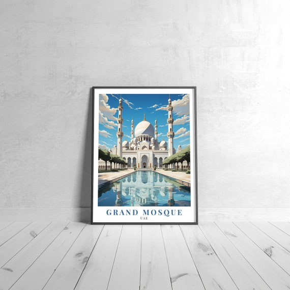 Grand Mosque Vintage Travel Poster Retro Uae Art Print Colorful Home Decor Wall Unique Gift