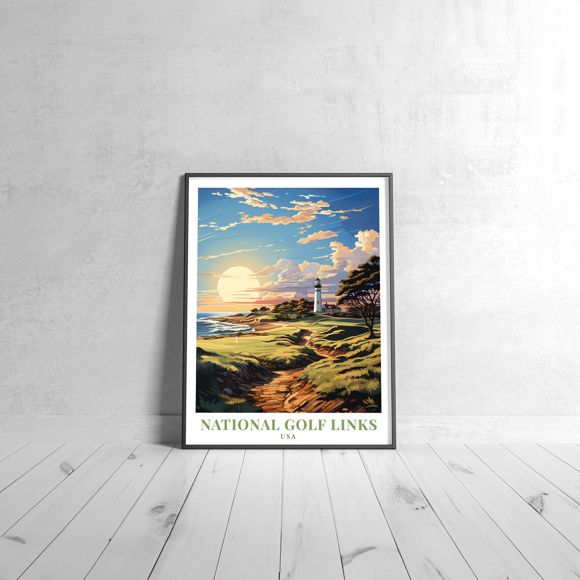 National Golf Links USA Coastal Lighthouse Vintage Golf Travel Poster