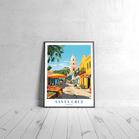 Santa Cruz Bolivia Market Street Church Vintage Travel Poster
