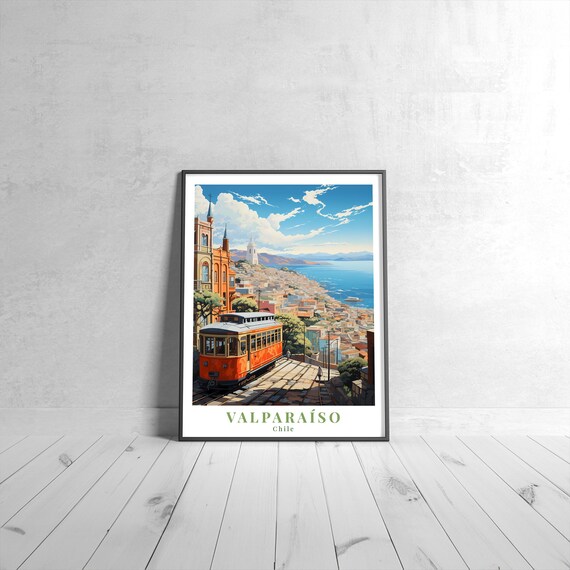 Valparaiso Chile Funicular Vintage Travel Poster Colorful Port City