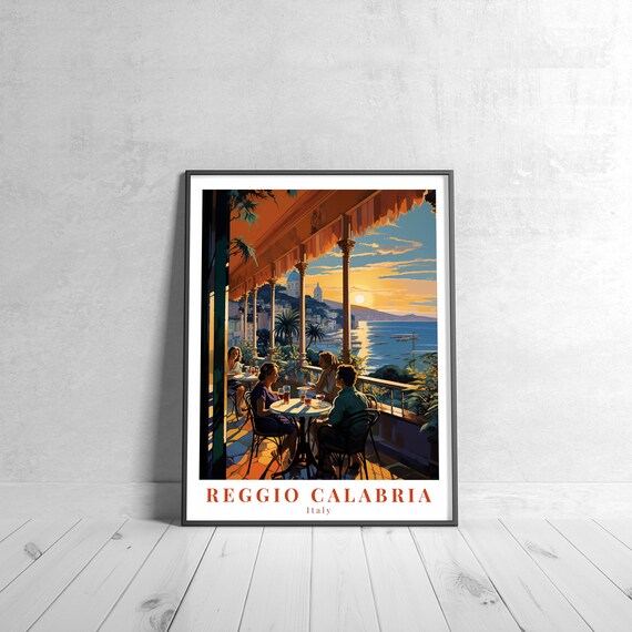 Reggio Calabria Italy Sunset Terrace Dining Over Sea Travel Poster