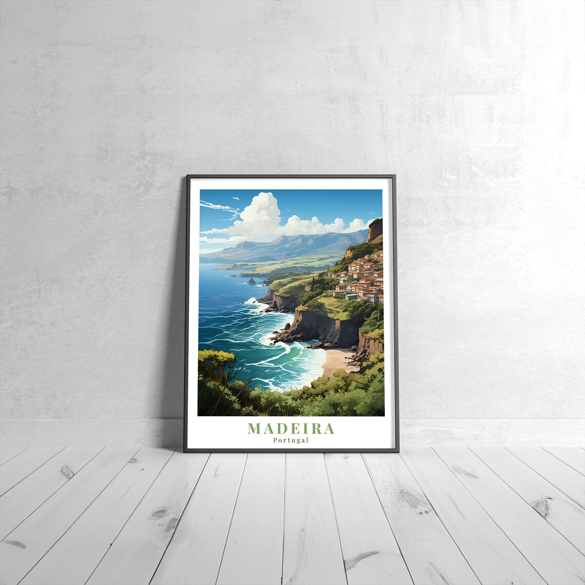 Madeira Portugal Vintage Travel Poster of Green Cliff Ocean Coast