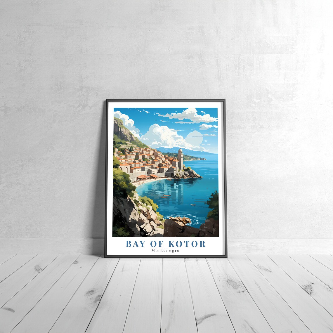 Bay Of Kotor Montenegro Cliffside Town Retro Travel Illustrated Poster