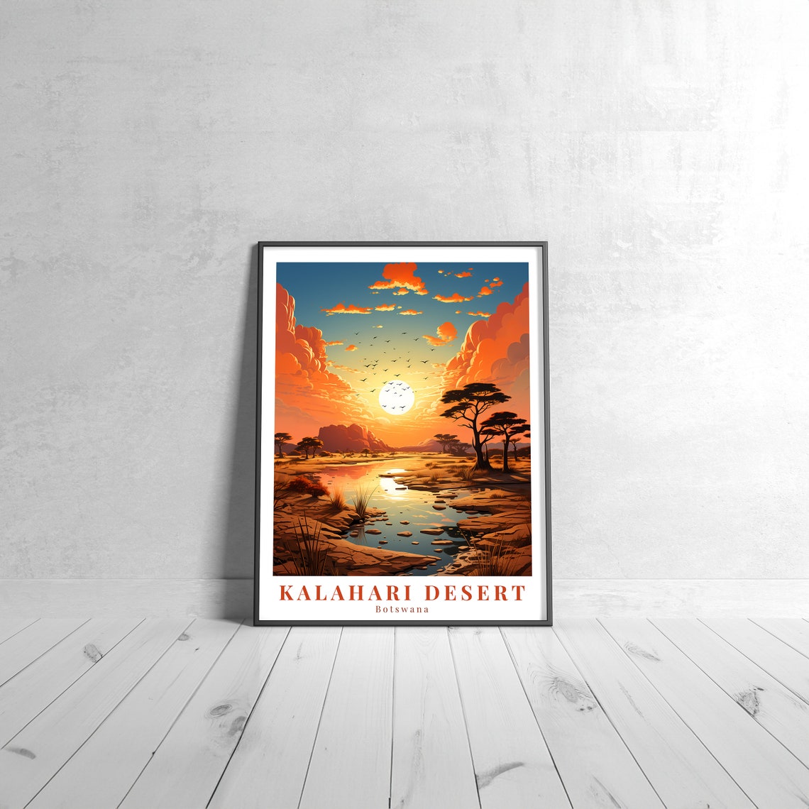 Kalahari Desert Botswana Sunset Acacia Waterhole Travel Poster