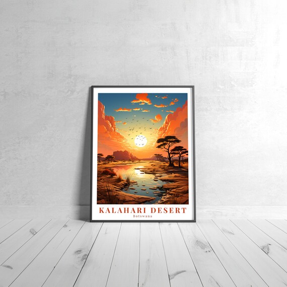 Kalahari Desert Botswana Sunset Acacia Waterhole Travel Poster