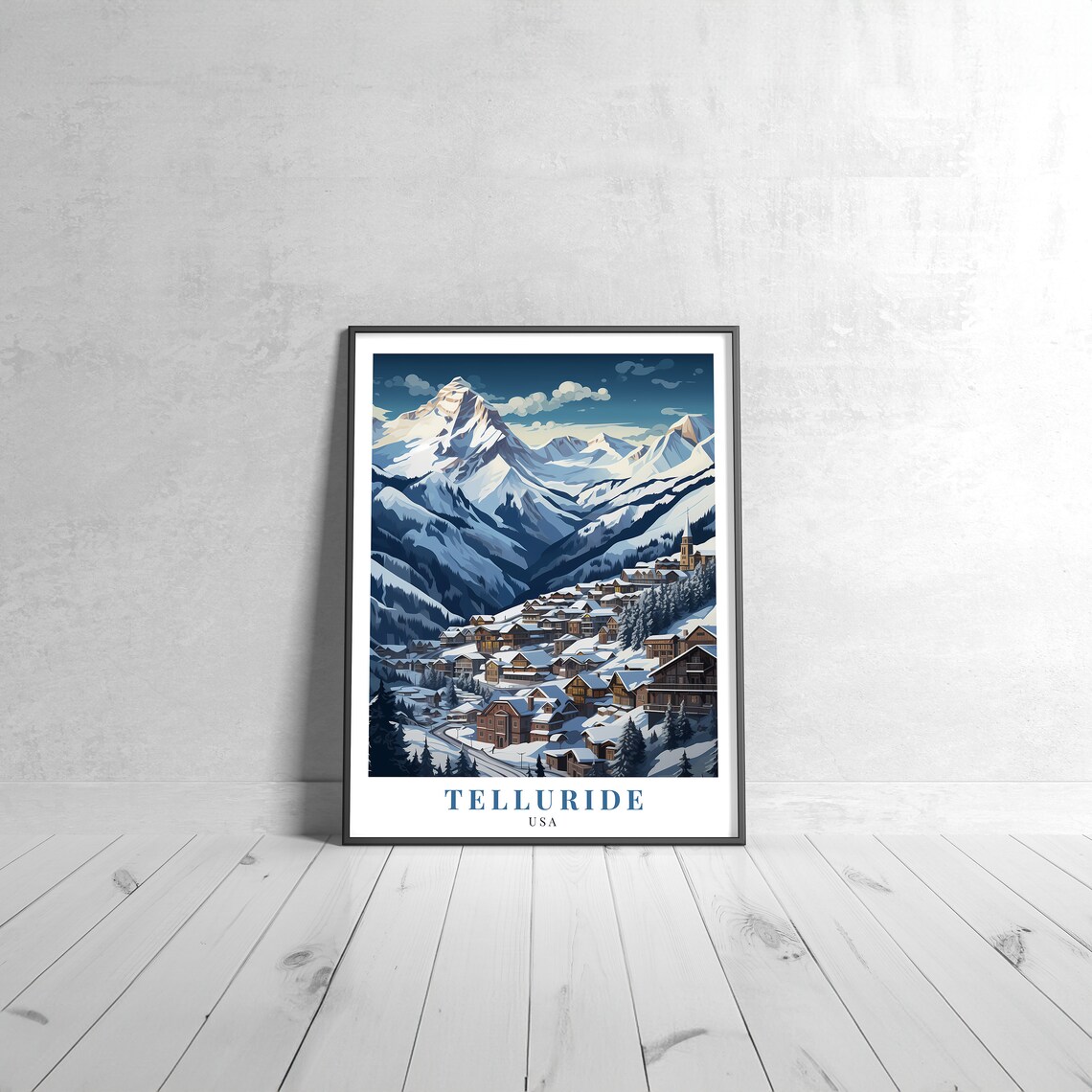 Telluride USA Snowy Mountain Town Ski Retro Travel Illustrated Poster