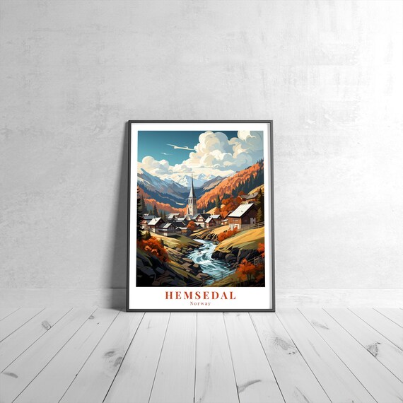 Hemsedal Norway Vintage Travel Poster Alpine Village Autumn Landscape