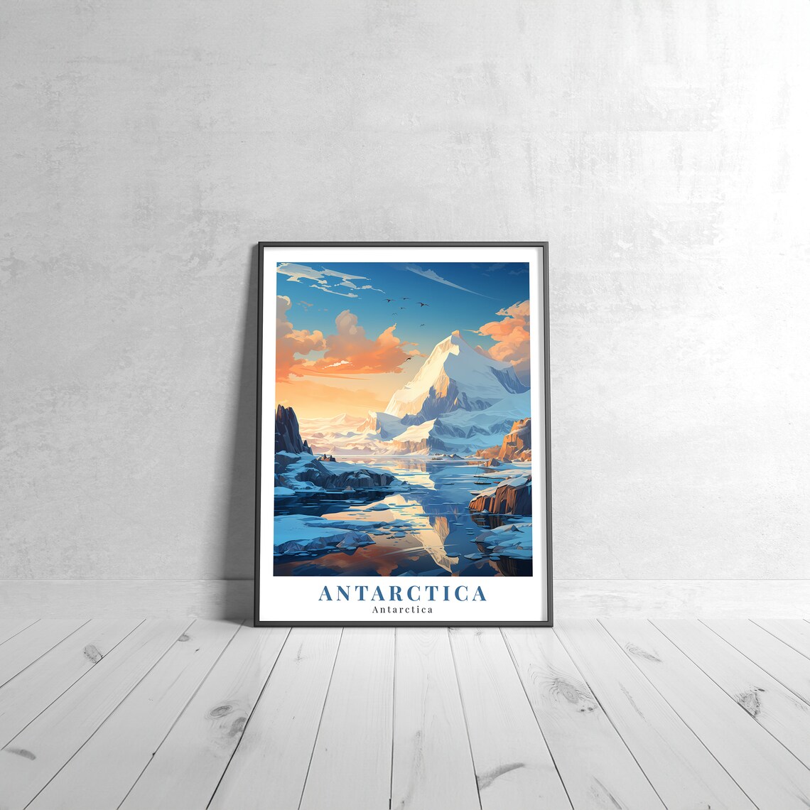 Antarctica Icy Peaks Glaciers Sunset Retro Travel Illustrated Poster