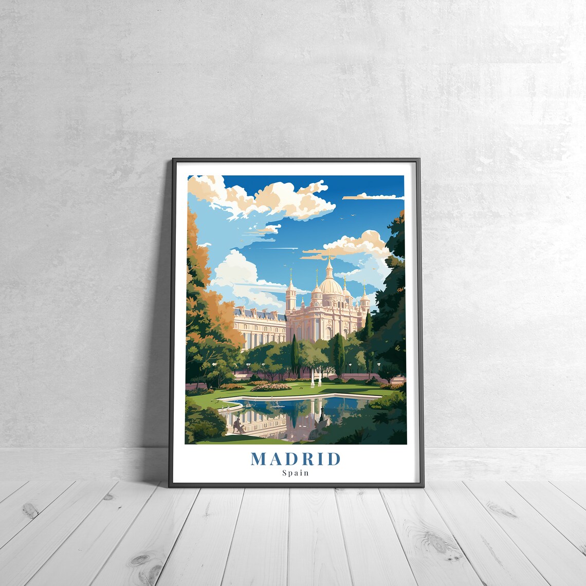 Madrid Spain Grand Palace Park Lake Gardens Vintage Travel Poster