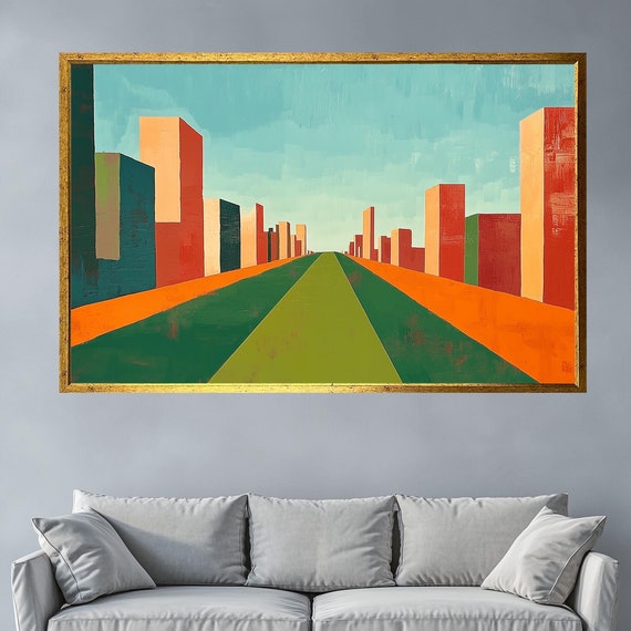 Modern Abstract Cityscape Painting Minimalist Geometric Urban Art Bold Colorful Wall Decor For Contemporary Spaces
