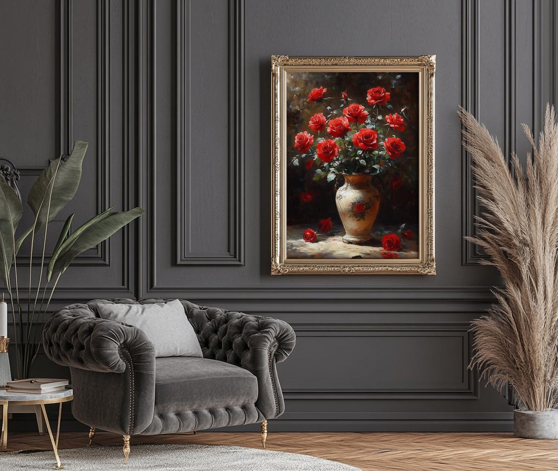 Dramatic Red Roses Bouquet in an Ornate Decorative Vase Poster - Image 3