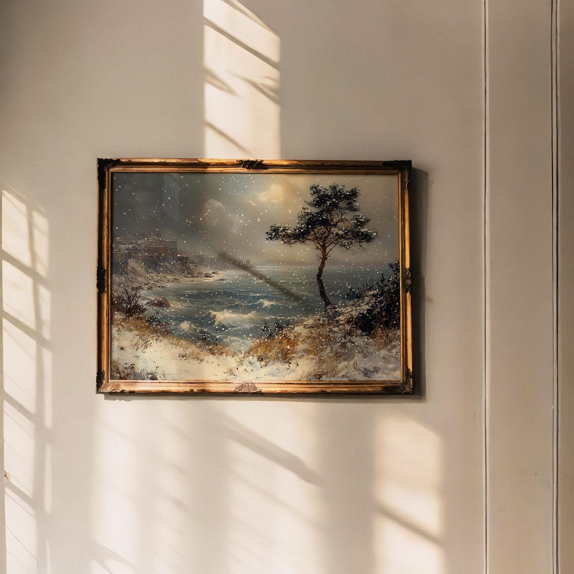 Snowy Seaside Pine Tree Winter Seascape Vintage Style Poster - Image 2
