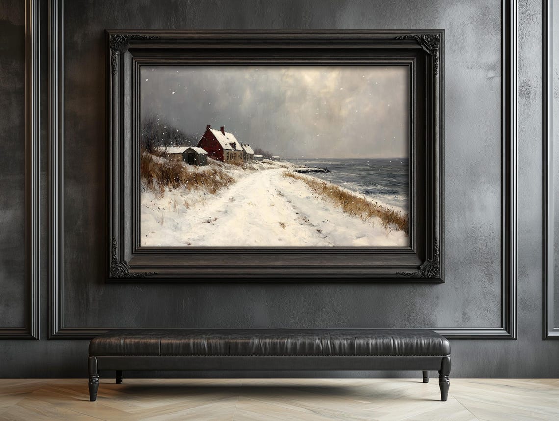 Snowy Coastal Village with a Red Farmhouse Winter Art Poster - Image 4
