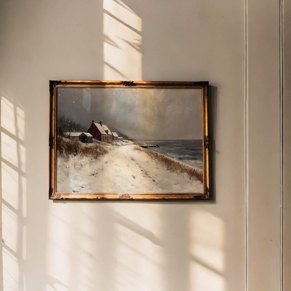 Snowy Coastal Village with a Red Farmhouse Winter Art Poster - Image 2